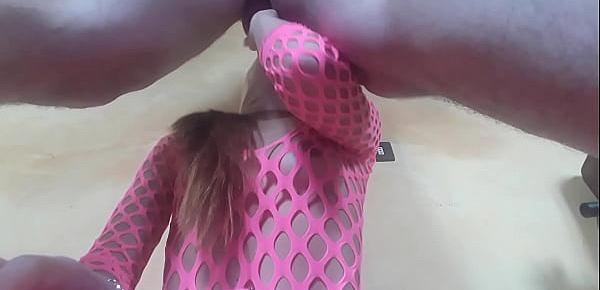  Wearing pink fishnet catsuit and pink platform ankle boots. Rough  blowjob